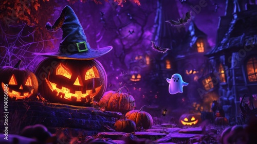 A carved pumpkin with a joyful grin sits at the center, surrounded by cute ghost decorations and a vibrant Halloween backdrop filled with festive colors and symbols.