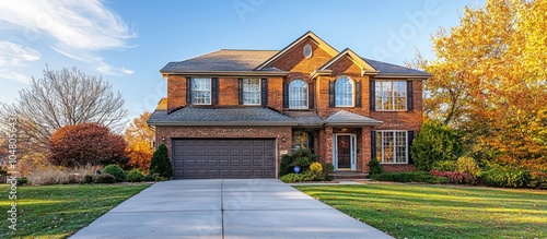 Traditional two-story brick home in a Kentucky suburb with garage on the side.
