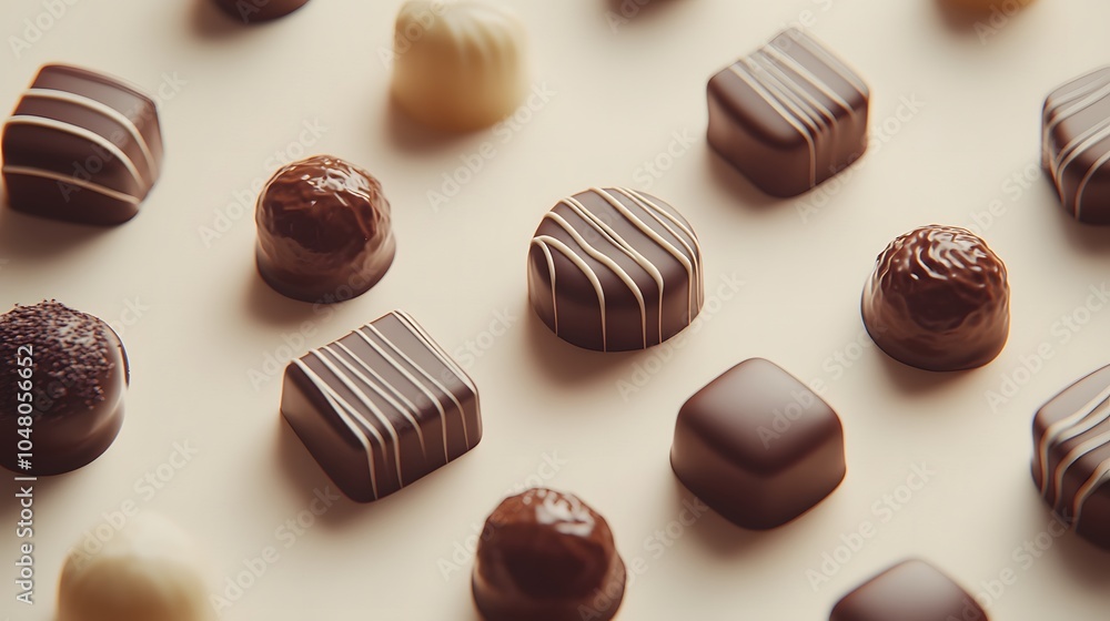 Assorted chocolate pralines on a light beige background.