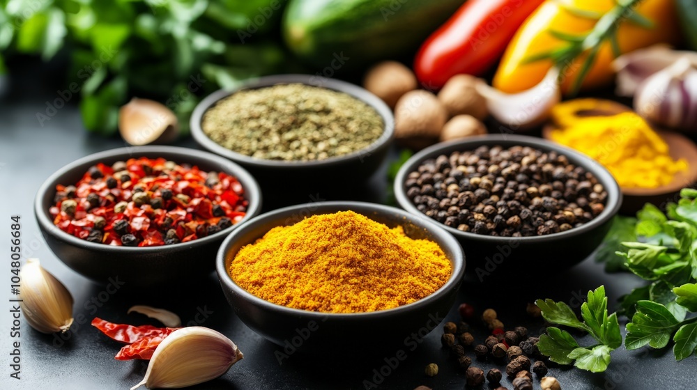 Fresh Spices in Small Bowls with Vibrant Produce Background Fresh Spices in Small Bowls with Vibrant Produce Background