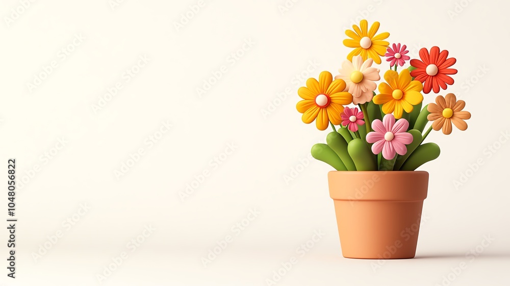 Fototapeta premium Colorful flowers in a pot on plain background