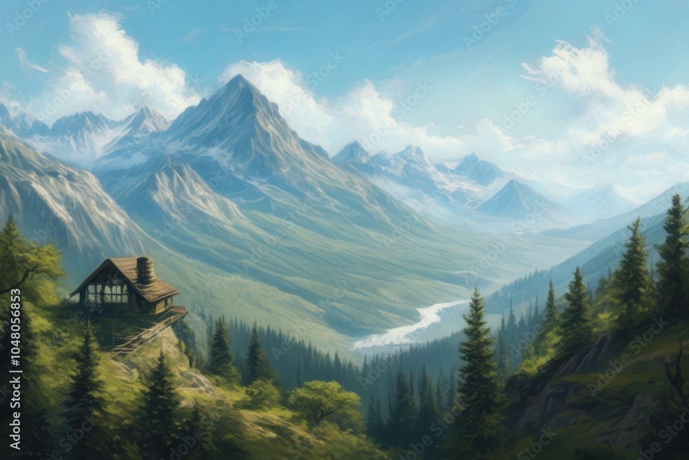 painting of a house in the mountains with a river running through matte digital painting painting of a house in the mountains with a river running through matte digital painting