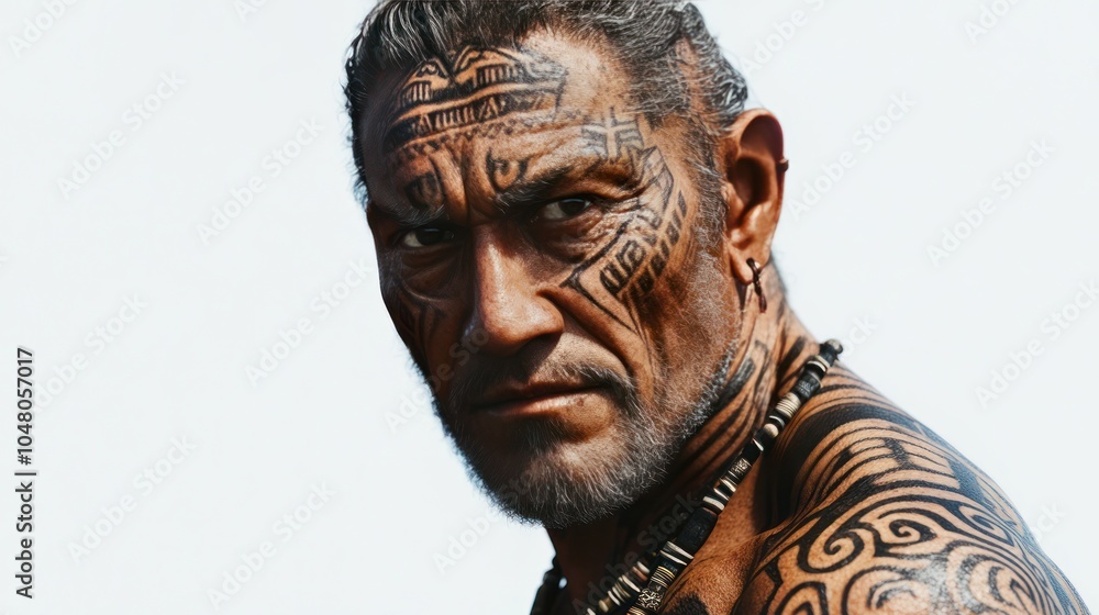 A hyper-realistic portrayal of an ancient man covered in traditional tribal tattoos, standing on a white background, sharp focus on the intricate designs and lifelike skin textures. A hyper-realistic portrayal of an ancient man covered in traditional tribal tattoos, standing on a white background, sharp focus on the intricate designs and lifelike skin textures.