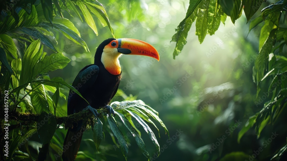 Fototapeta premium Tropical Toucan Perched on Lush Green Vine