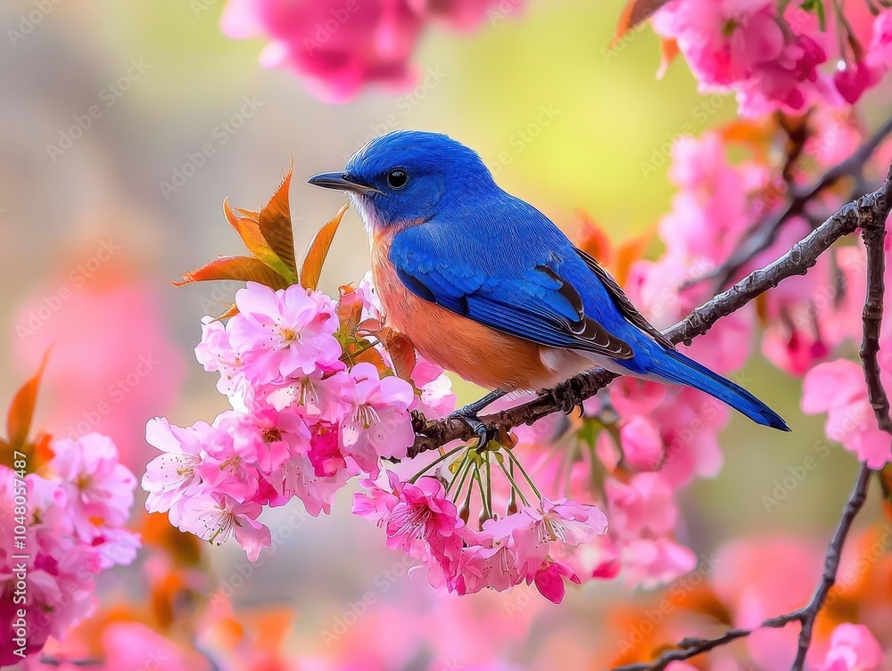Bluebird Perched on Cherry Blossom Branch Bluebird Perched on Cherry Blossom Branch