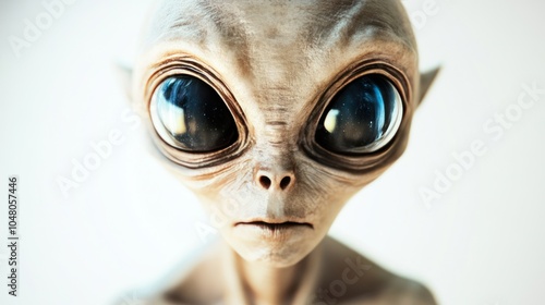 A mysterious alien figure with smooth, iridescent skin and large, dark eyes, isolated on a bright white background, sharp focus on the alien's unique anatomy, ultra-detailed textures. photo