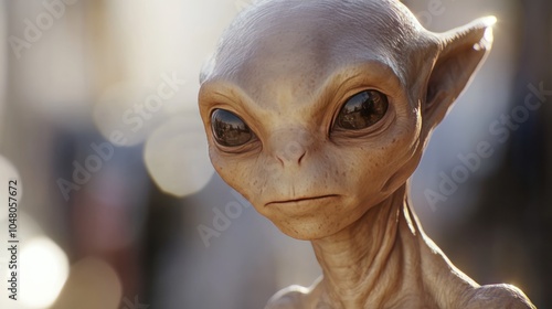 A realistic alien with subtle human-like facial features, standing on a white background, sharp focus on the mix of humanoid and extraterrestrial characteristics, lifelike lighting photo