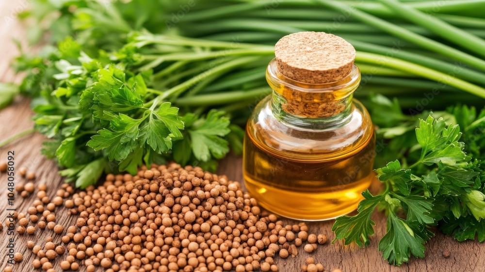 A bottle of coriander oil, coriander leaves and dried coriander on wooden desk A bottle of coriander oil, coriander leaves and dried coriander on wooden desk