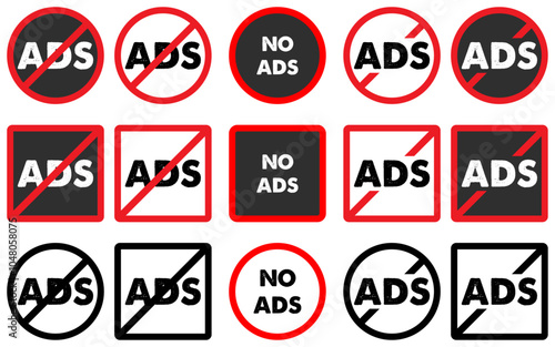No AD icon set no advertisement sign symbol not allow skip vector buttons