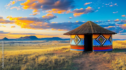 Colorful traditional Ndebele hut in South African plains at sunset. created with Generative AI technology photo