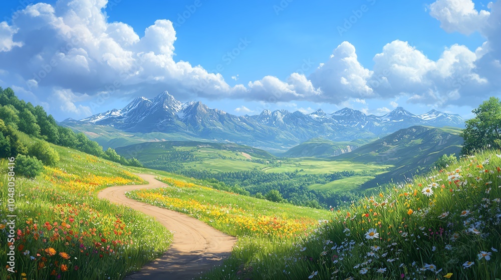 Fototapeta premium Mountain landscape with path and flowers.