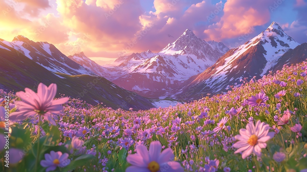 Fototapeta premium Flower field sunset over snowy mountains.