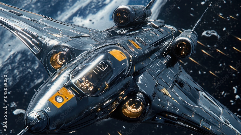 Fototapeta premium Close-up of a spaceship concept art design, intricate mechanical details, sleek futuristic surfaces, ultra-realistic lighting and vibrant space environment