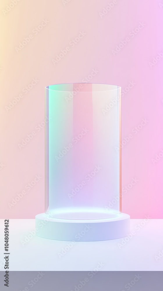 A stunning transparent glass podium reflecting rainbows in a softly colored background for modern presentations and displays A stunning transparent glass podium reflecting rainbows in a softly colored background for modern presentations and displays