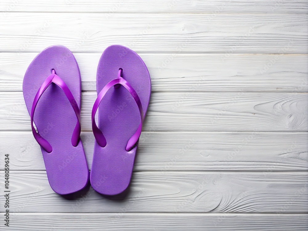 Purple Rubber Flip Flops on White Wooden Background - Top View Purple Rubber Flip Flops on White Wooden Background - Top View