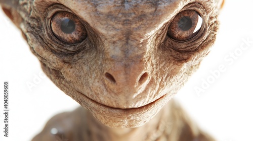 Close-up of an alien-human hybrid, with human-like features but distinctly alien eyes and skin texture, displayed on a clean white background, ultra-detailed textures and lifelike lighting photo