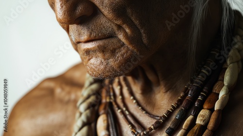 Close-up of an ancient man wearing primitive necklaces and bracelets, placed on a white background, detailed textures of leather, bone, and stone, lifelike lighting photo