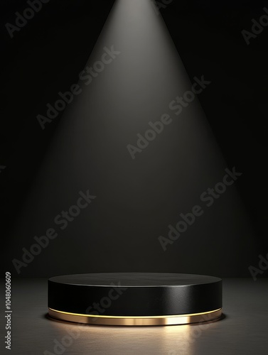 Elegant shiny black podium with gold accents under dramatic lighting perfect for showcasing achievements and awards in a luxurious setting