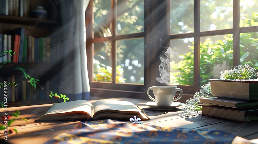A peaceful morning scene with coffee an open book and soft sunlight A peaceful morning scene with coffee an open book and soft sunlight