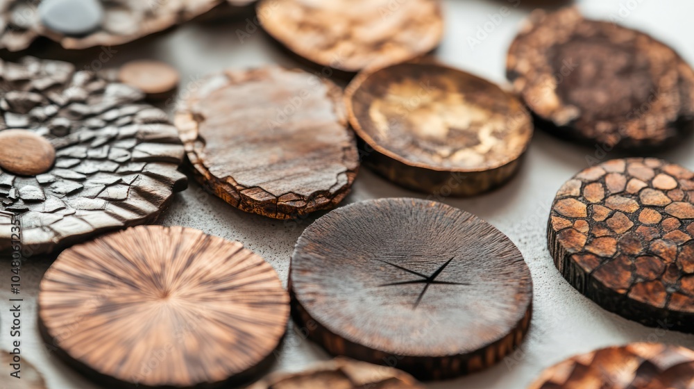 Close-up of rustic ornaments made of wood and metal, arranged on a white background, sharp focus on natural textures, earthy tones, soft shadows, Close-up of rustic ornaments made of wood and metal, arranged on a white background, sharp focus on natural textures, earthy tones, soft shadows,