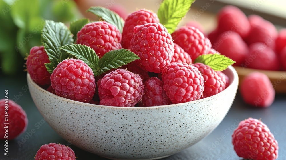 Fresh raspberries in a bowl with mint leaves Fresh raspberries in a bowl with mint leaves