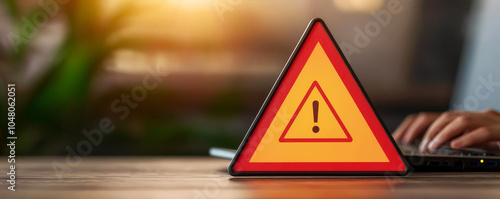 Warning alert icon concept Programmer or developer use computer tablet to program access security caution alert triangle sign Cybersecurity stop scam email online internet Risk phi