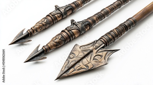 Tribal war weapons from ancient civilizations, displayed on a white background, highly detailed with unique patterns, natural materials, and lifelike shadows, 32K resolution