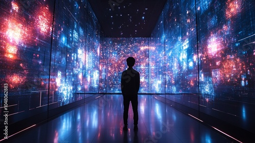 An AI-created art museum, displaying holographic artworks that change shape and color, visitors in awe, a fusion of art and technology