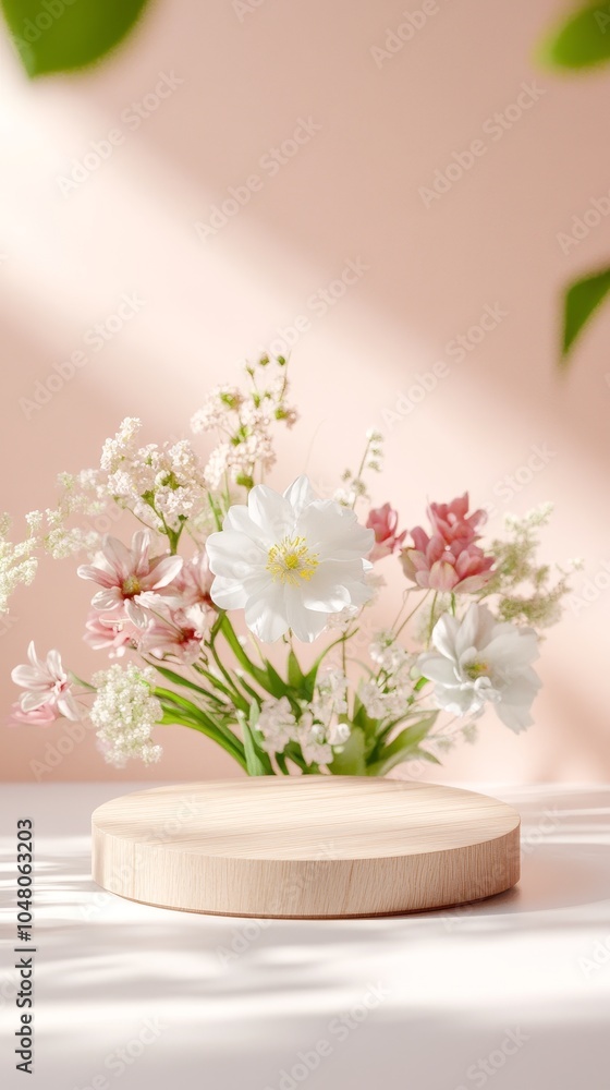 Elegant floating wooden podium adorned with delicate wildflowers in a warm inviting setting for nature-inspired decor Elegant floating wooden podium adorned with delicate wildflowers in a warm inviting setting for nature-inspired decor