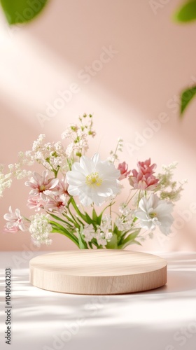 Elegant floating wooden podium adorned with delicate wildflowers in a warm inviting setting for nature-inspired decor