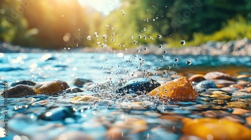 A serene close-up view of a mountain stream glistening in the sunlight, with colorful pebbles beneath the clear water, surrounded by lush greenery, creating a tranquil and picturesque natural scene.