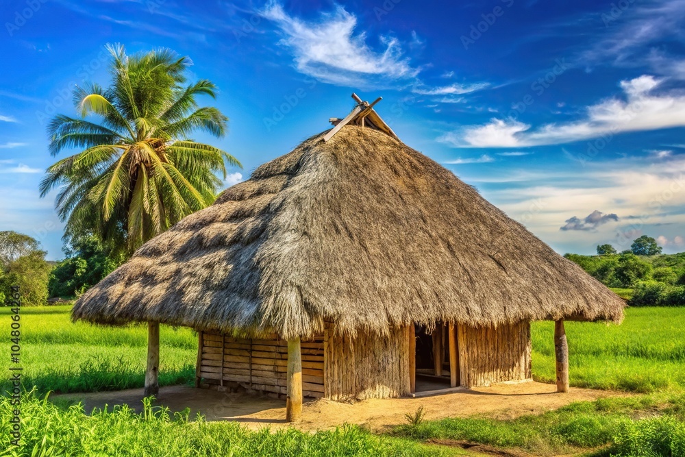 Thatched hut on a farm land with lush green trees and a blue sky in the background Thatched hut on a farm land with lush green trees and a blue sky in the background