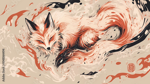 Japanese style graphics of the nine-tailed fox (kitsune). Nine-Tailed Fox. Illustration photo