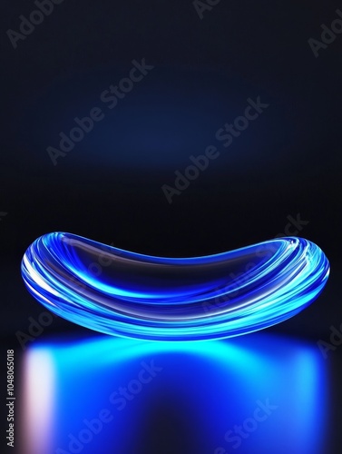 Futuristic abstract waveshaped podium with metallic finish and illuminating blue light for modern presentations and displays photo