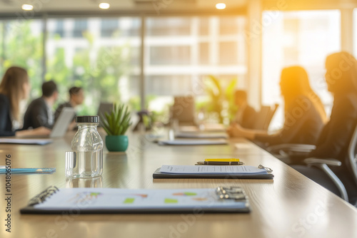 Point of view of chief executive officer in conference presentation, Meeting table with colleague and presentation information paper, Committed employee discussion in office.	