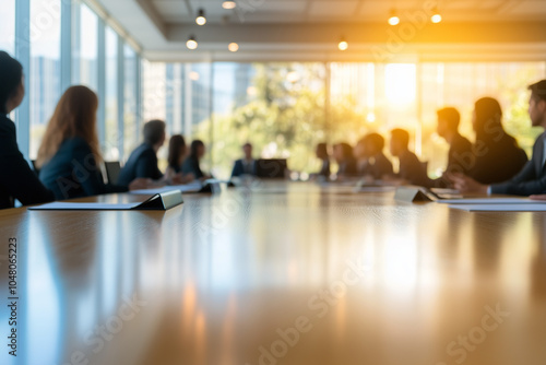 Point of view of chief executive officer in conference presentation, Meeting table with colleague and presentation information paper, Committed employee discussion in office.	
