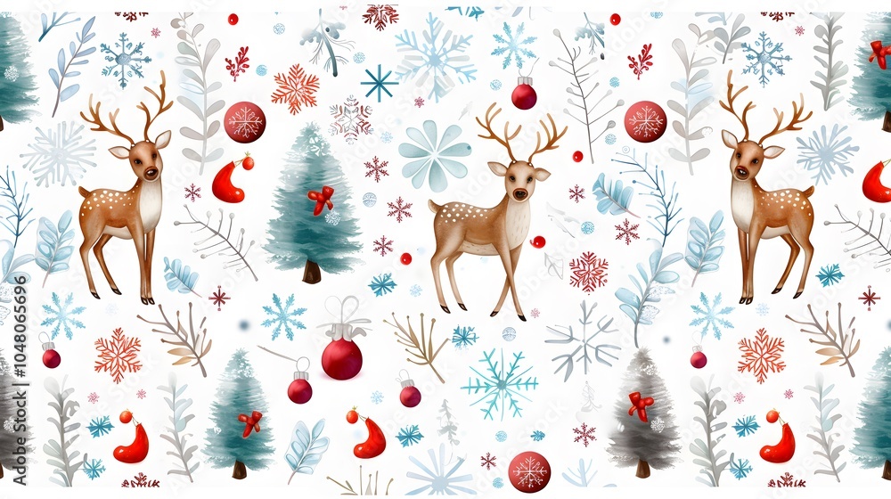 Fototapeta premium Whimsical winter wonderland with reindeer and snowflakes