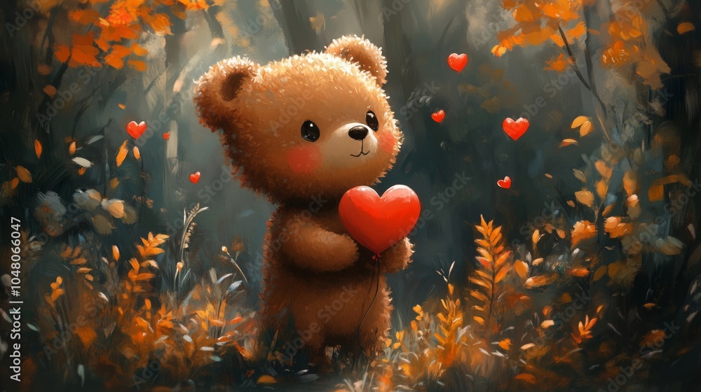 Cute Bear Holding a Heart in a Serene Autumn Forest Scene Cute Bear Holding a Heart in a Serene Autumn Forest Scene