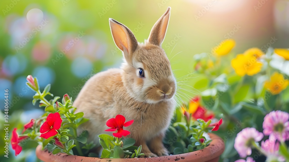 A soft bunny sitting in a flower pot surrounded by blooming flowers A soft bunny sitting in a flower pot surrounded by blooming flowers
