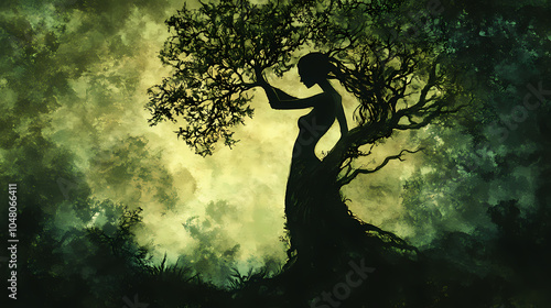 Majestic silhouette of a dryad, a nature spirit intertwined with an ancient mythical tree, set against the backdrop of a magical, lush forest in a fantasy art piece. Forest Dryad. Illustration photo