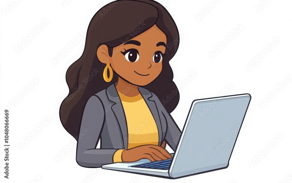 Create an emoji of a focused Latin Hispanic businesswoman working on a laptop, reading a financial document report Create an emoji of a focused Latin Hispanic businesswoman working on a laptop, reading a financial document report