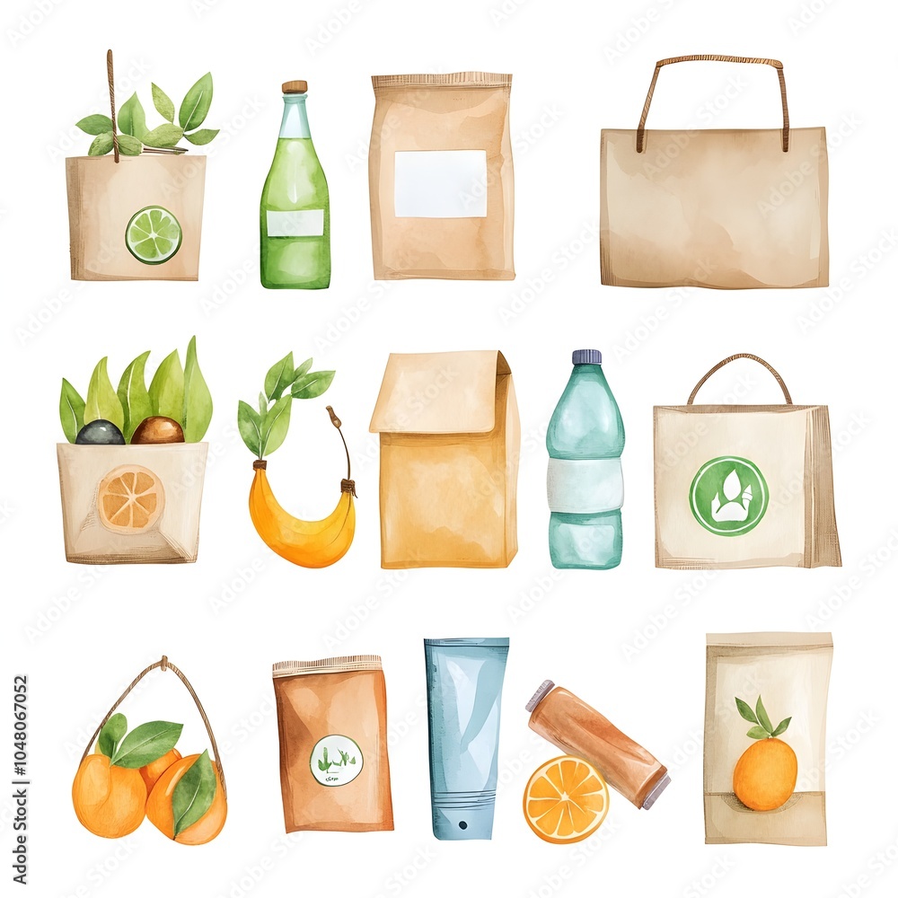 Watercolor Hand Drawn Eco Friendly Packaging Set Grocery Bags Bottles Tubes and Boxes Watercolor Hand Drawn Eco Friendly Packaging Set Grocery Bags Bottles Tubes and Boxes