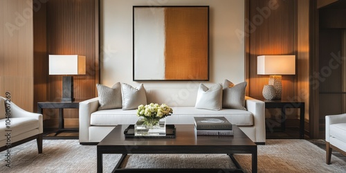 Wallpaper Mural A modern living room featuring elegant furniture, soft color tones, and stylish decor elements, creating a cozy yet sophisticated atmosphere. Torontodigital.ca