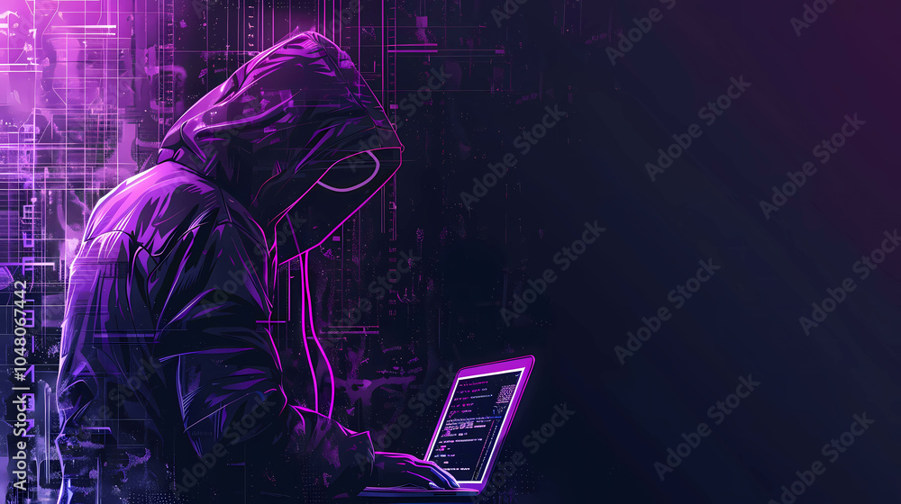 Abstract polygonal hacker with laptop on technology dark background. Cyber attack and cyber security concepts. Computer hacking. Digital technology. Man in hoodie. 3D low poly illustration. Abstract polygonal hacker with laptop on technology dark background. Cyber attack and cyber security concepts. Computer hacking. Digital technology. Man in hoodie. 3D low poly illustration.