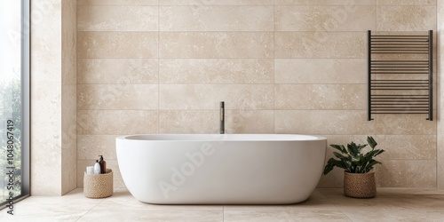 A modern bathroom featuring a sleek freestanding bathtub, elegant stone walls, and natural elements like plants, creating a serene atmosphere.