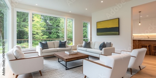 A modern living room featuring large windows, stylish furniture, and a contemporary art piece, creating a bright and inviting atmosphere.