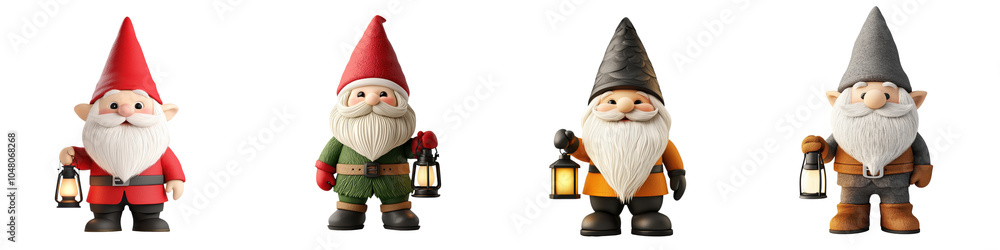 Naklejka premium Four colorful garden gnomes with lanterns on a white isolated background.
