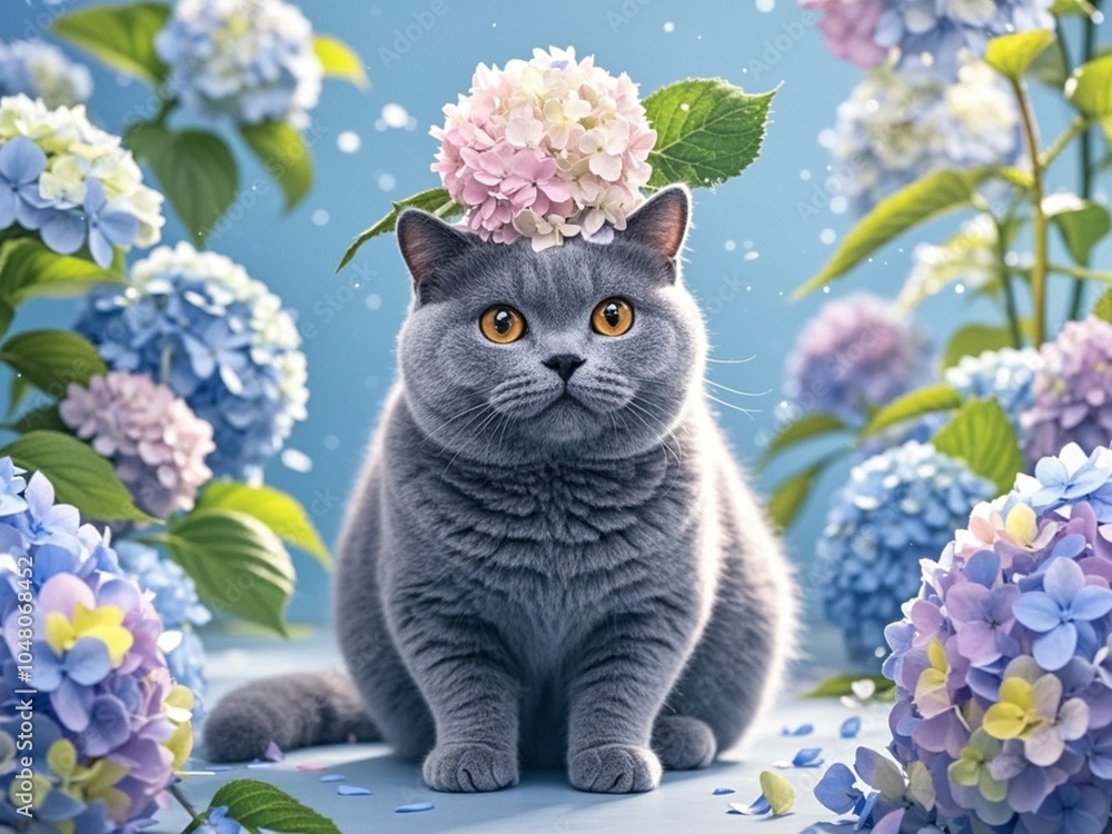 Cute Blue British shorthair cat sitting on floor, surrounded by hydrangeas. The cat wearing hydrangea on her head