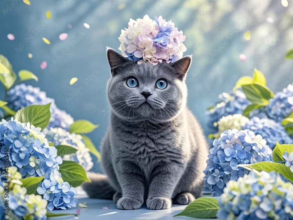 Cute Blue British shorthair cat sitting on floor, surrounded by hydrangeas. The cat wearing hydrangea on her head