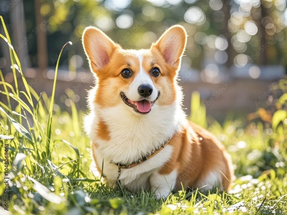 A cute corgi puppy on a summer walk